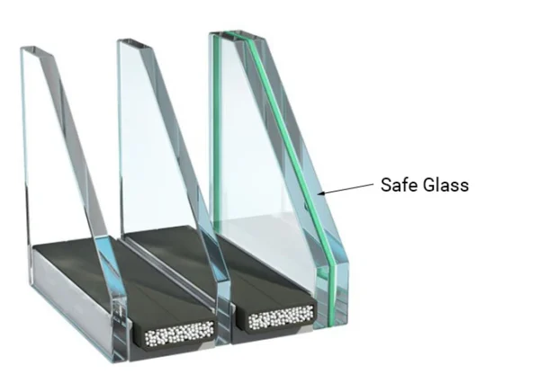 Triple glazing with safety glass