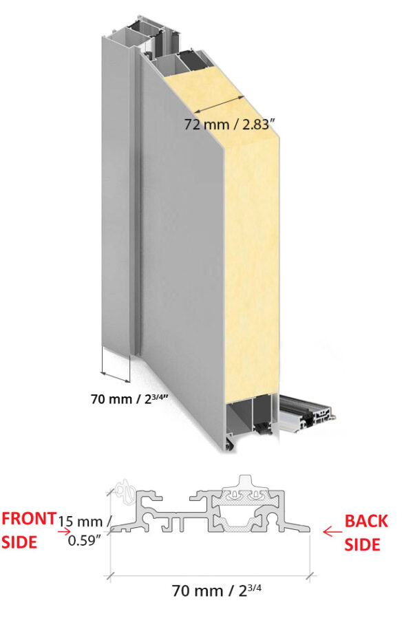 Cross-section of the ALU door frame and threshold with dimensions