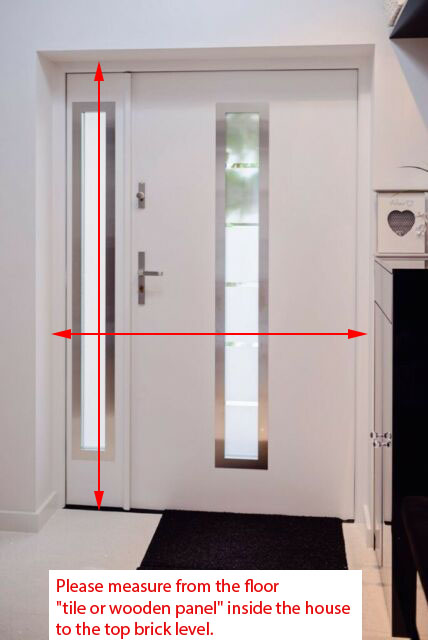 Door with frame, with arrows showing where to measure the height and width of the opening