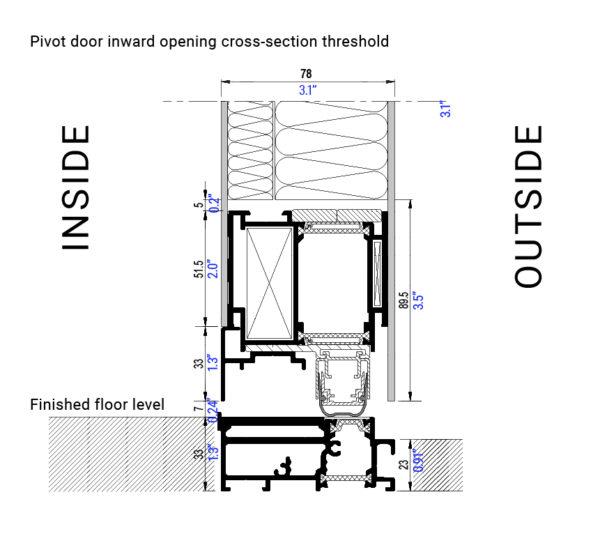 Cross-section of an inward-opening Pivot door frame and threshold