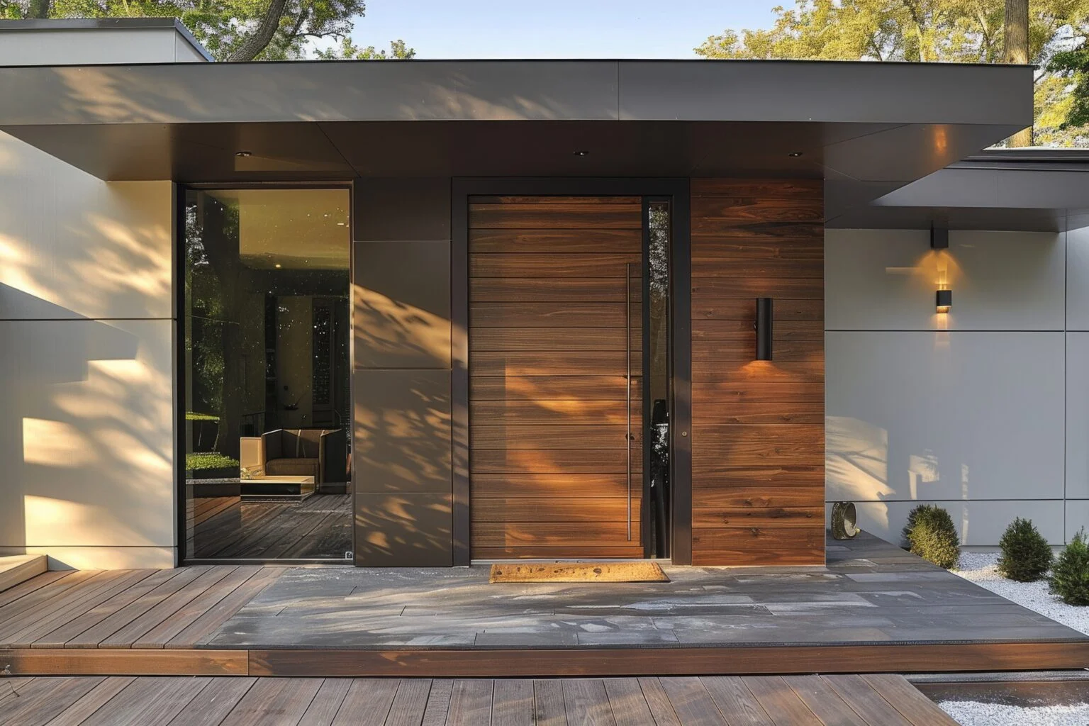Wood-finish front door with glass beside the entrance