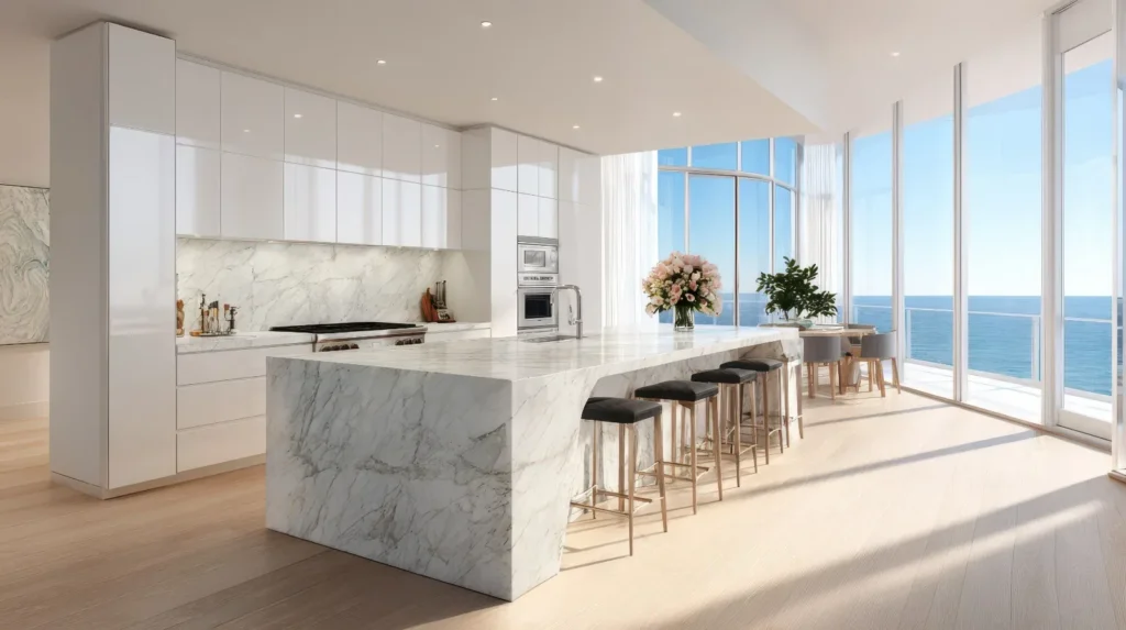 Modern Majestic kitchen with a marble island and ocean view